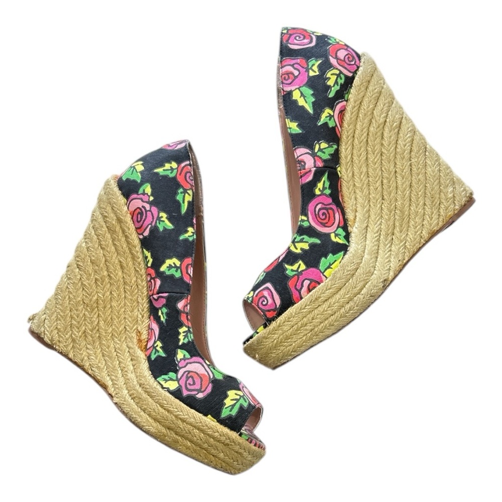 Betsey Johnson Rose Floral Platform Espadrille Wedge Peep Toe Y2K Retro Sz  10 - Picture 3 of 13